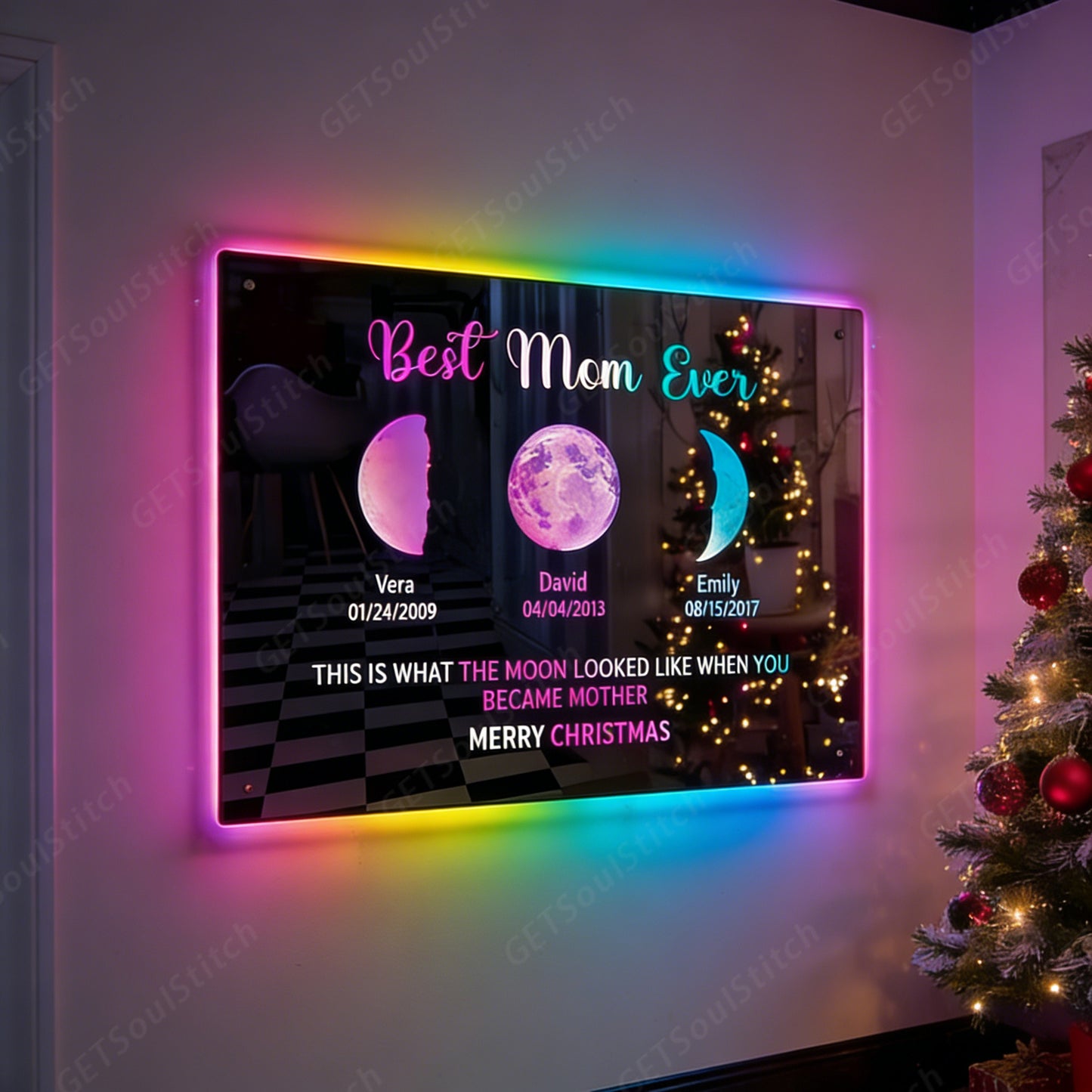 Custom Moon Phase Art LED Backlit Mirror Frame Personalized Date & Mom's Special Moment Cosmic Design Ultimate Mother's Day Gift