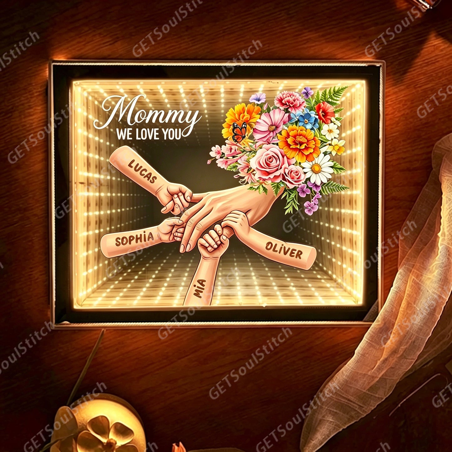 Individueller Name & Slogan Unendlichkeitsspiegel Licht Mütterliche Liebe Thema Eltern-Kind Hand-in-Hand Geburtsblume Kreatives Nachtlicht Geschenk