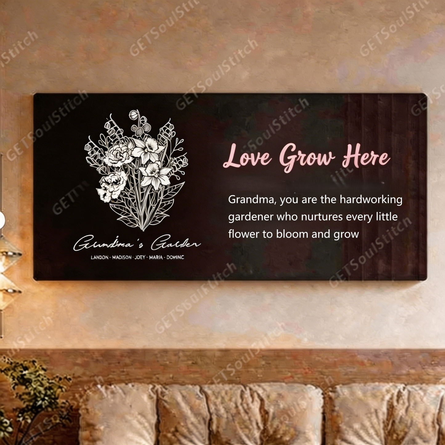 Personalisiertes Wandbild mit Leuchtblume zum Geburtsmonat – anpassbar mit Namen und Zitaten – exklusives Muttertagsgeschenk für Mama und Oma