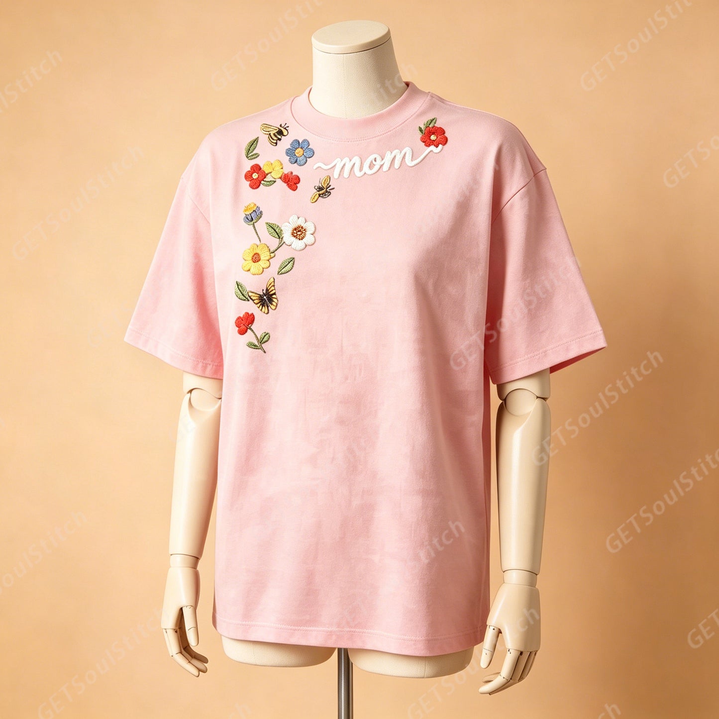 Customizable Birth Flower Mama Tee Personalized Name Embroidered Floral & Insect Shirt