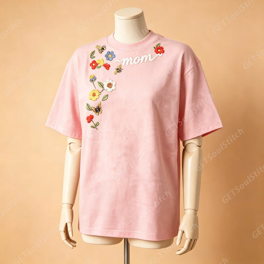 Customizable Birth Flower Mama Tee Personalized Name Embroidered Floral & Insect Shirt