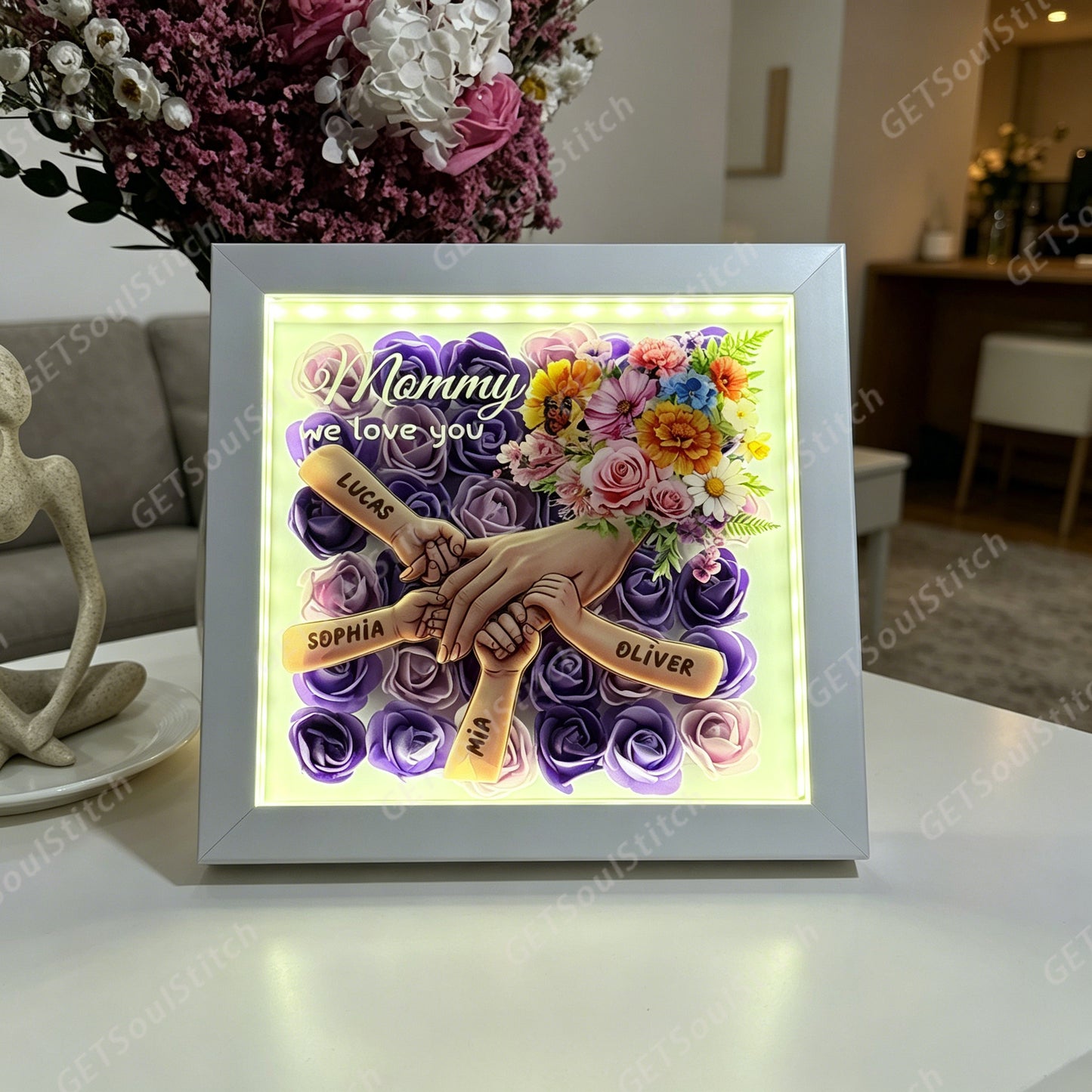 Customizable Family Hand in Hand Shadow Box with LED Light Personalized Names Quote & Birth Month Flowers Forever Keepsake