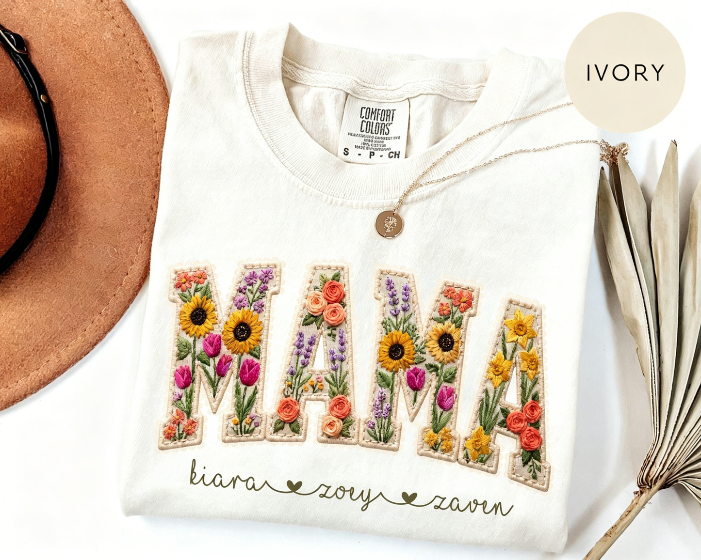 Personalized Floral Embroidered Mama Tee — A Heartfelt Mother's Day Gift with Your Kids' Names