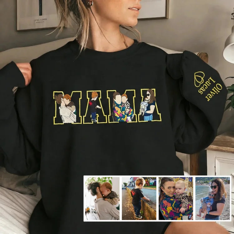 Custom Embroidered Mama Sweatshirt Personalized Photo Name & Date Handmade Sleeve Detail Mother's Day Gift