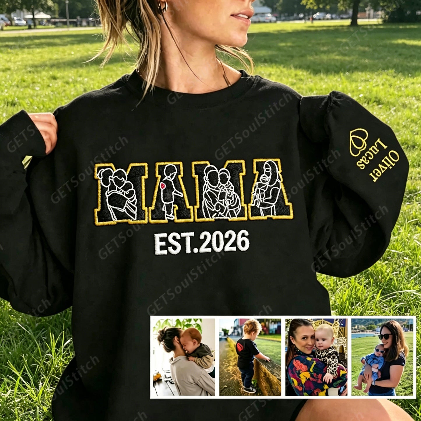 Custom Embroidered Mama Sweatshirt Personalized Photo Name & Date Handmade Sleeve Detail Mother's Day Gift