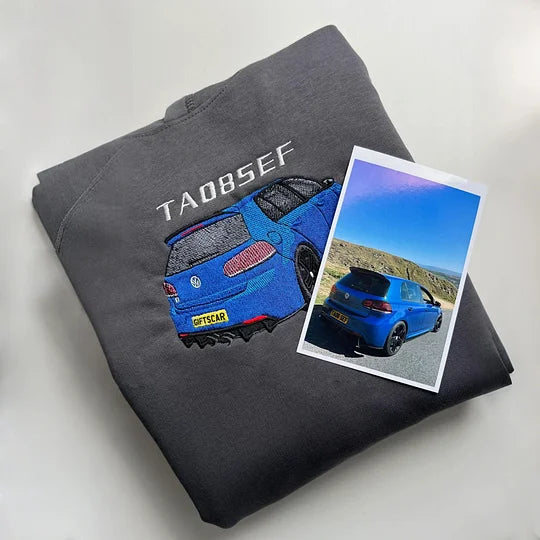 Custom Car Photo Embroidered Sweatshirt | Personalized Vehicle Portrait Crewneck for Car Lovers