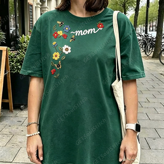 Customizable Birth Flower Mama Tee Personalized Name Embroidered Floral & Insect Shirt