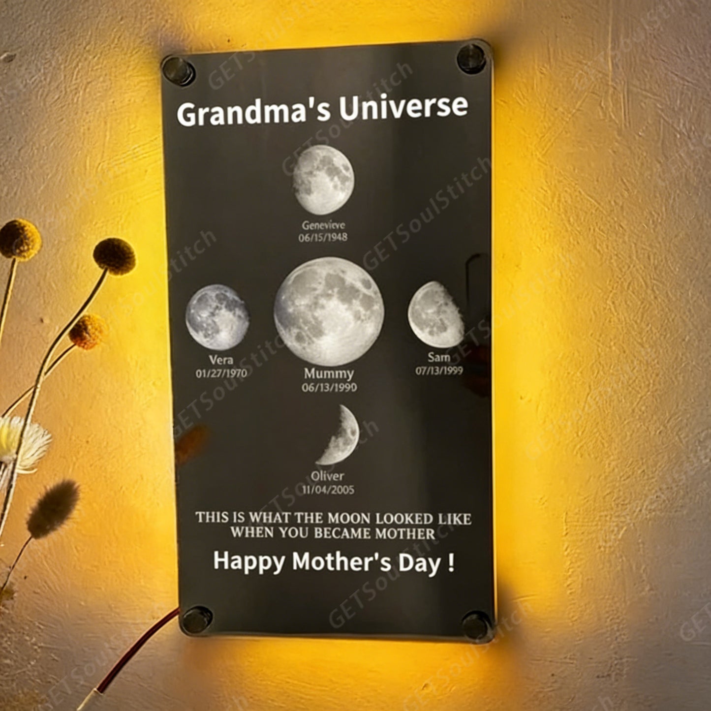 Mummy's Universe - Custom Moon Phase Mirror Light With Text & Date, Mother’s Day Gift