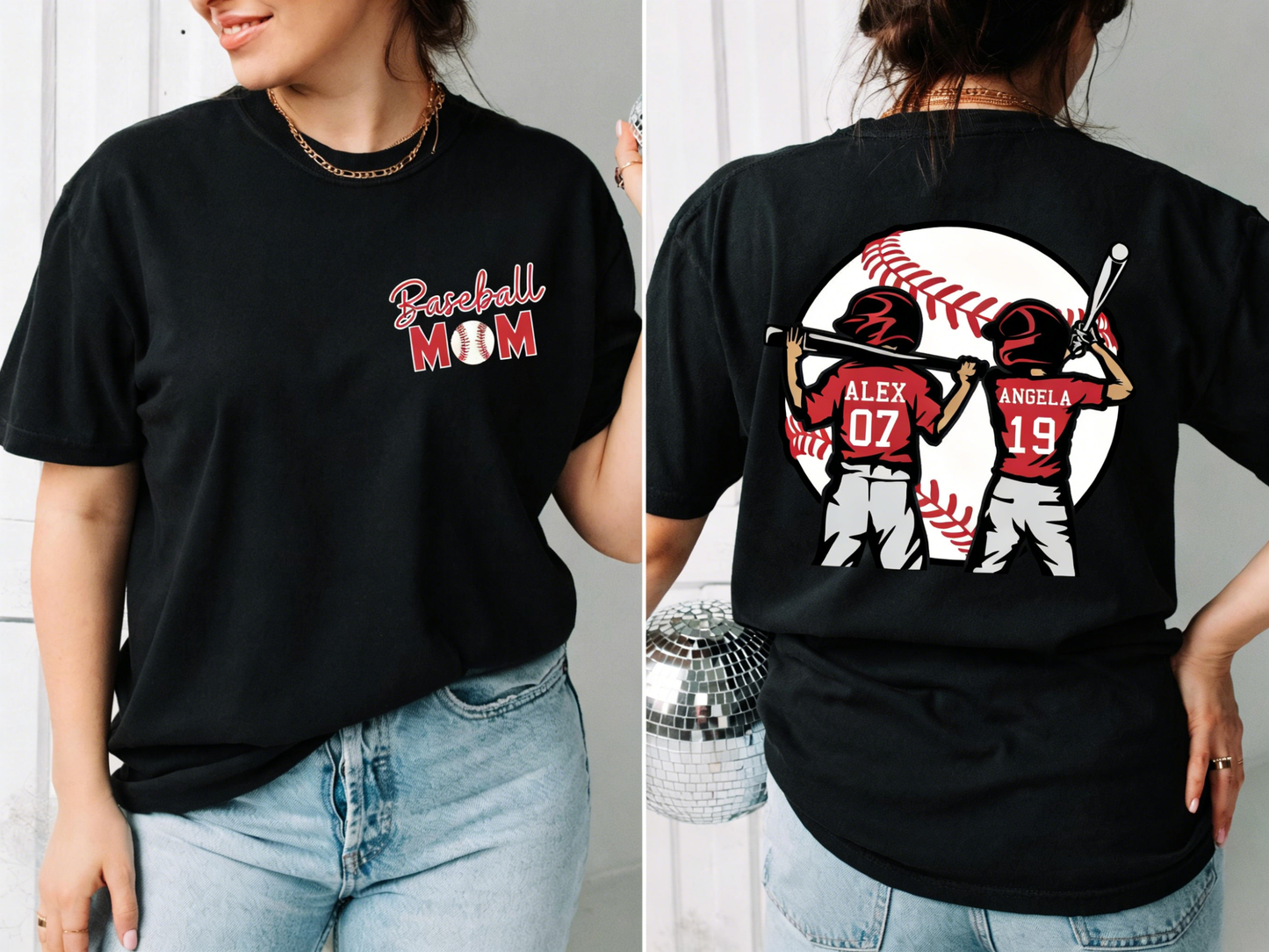 Personalized Baseball Mom Shirt Custom 2 Kids Names & Numbers Baseball Game Day Tee