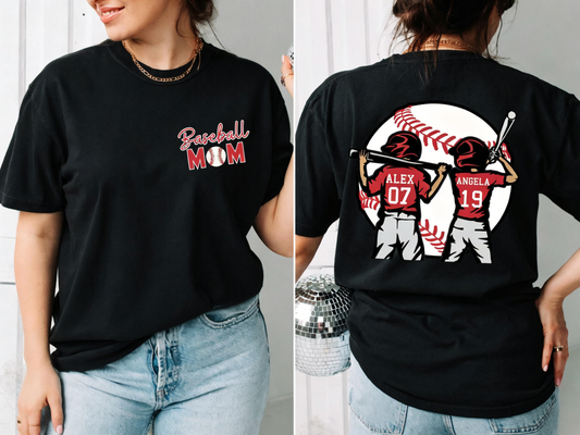 Personalized Baseball Mom Shirt Custom 2 Kids Names & Numbers Baseball Game Day Tee