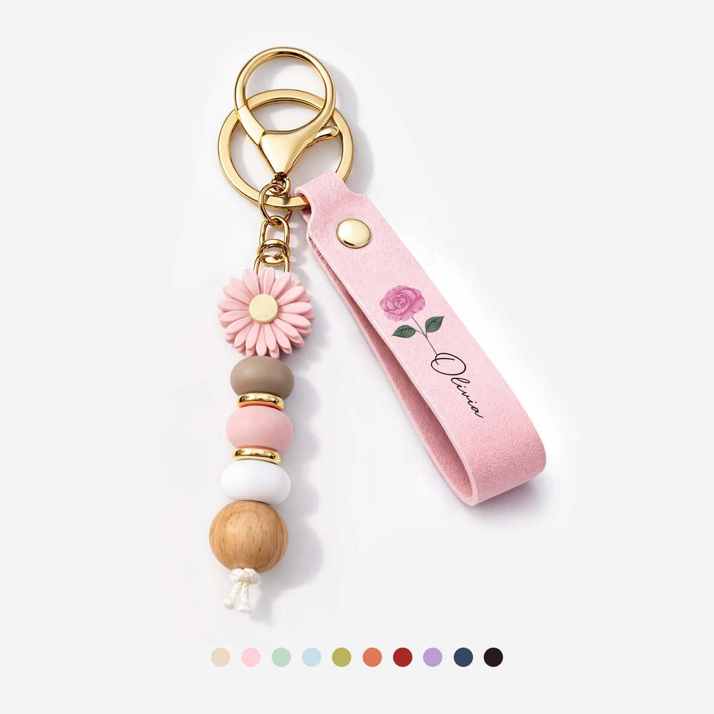 UV Printed Daisy Beaded Keychain with Name - Personalized Gifts for Her