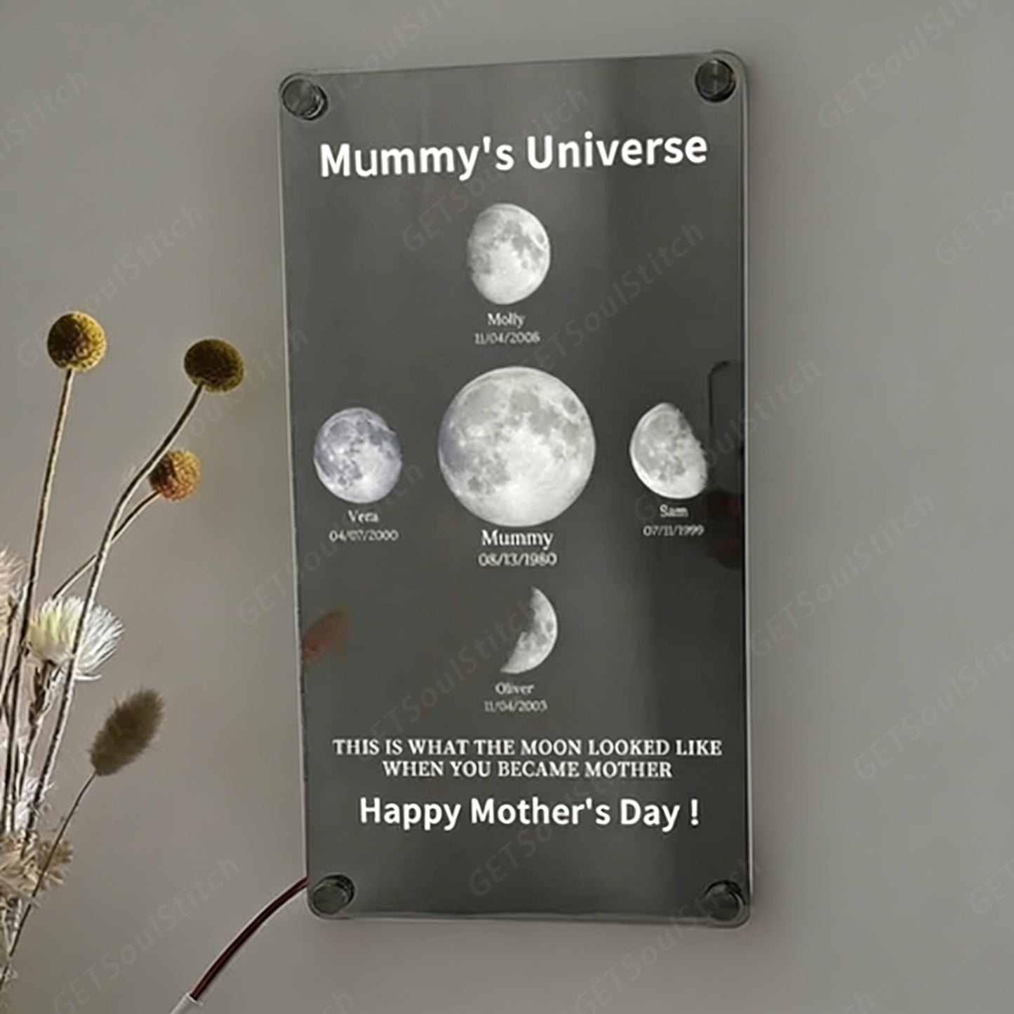 Mummy's Universe - Custom Moon Phase Mirror Light With Text & Date, Mother’s Day Gift