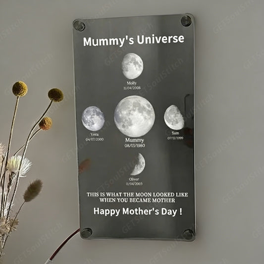 Mummy's Universe - Custom Moon Phase Mirror Light With Text & Date, Mother’s Day Gift