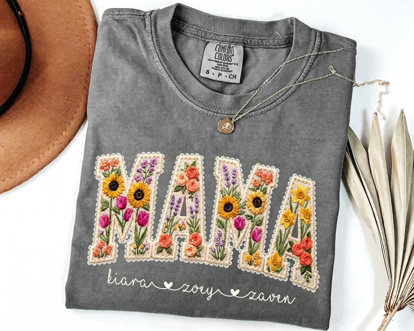 Personalized Floral Embroidered Mama Tee — A Heartfelt Mother's Day Gift with Your Kids' Names
