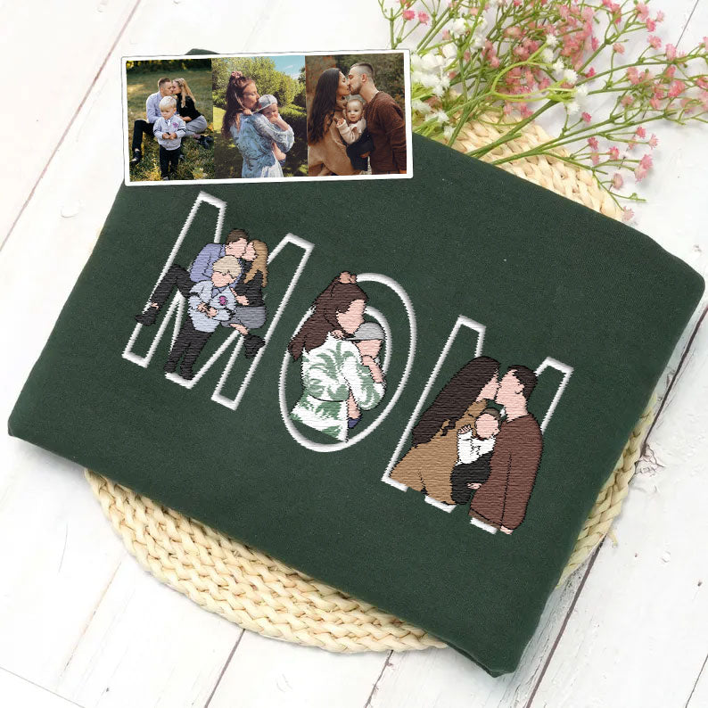 Custom Photo Portrait Embroidery Sweatshirt/T-shirt, Gift For Dad/Mom/Family