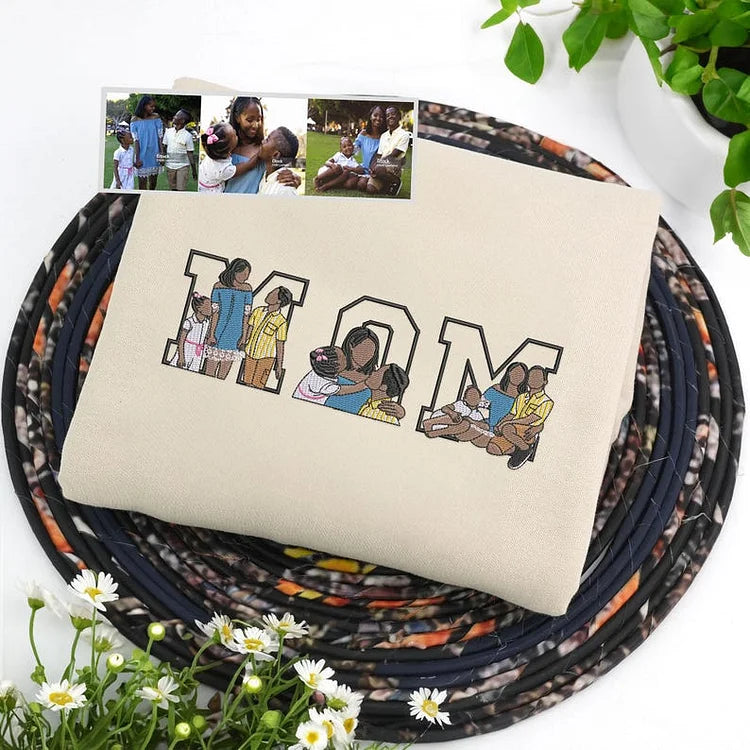 Custom Embroidered Mama Sweatshirt Personalized Photo Name & Date Handmade Sleeve Detail Mother's Day Gift