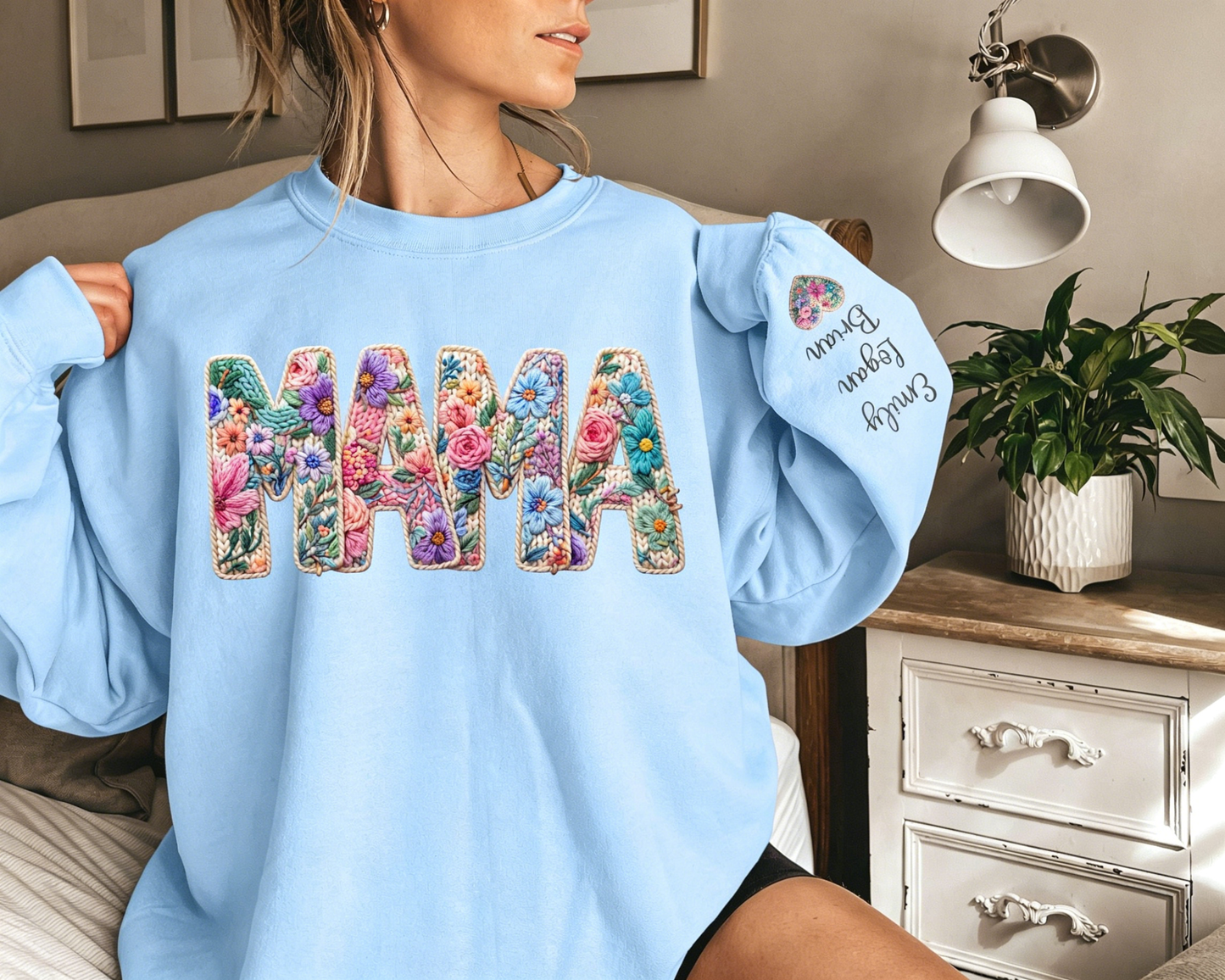 Personalized Mama Sweatshirt, Faux Embroidered Floral Hoodie with Custom Names