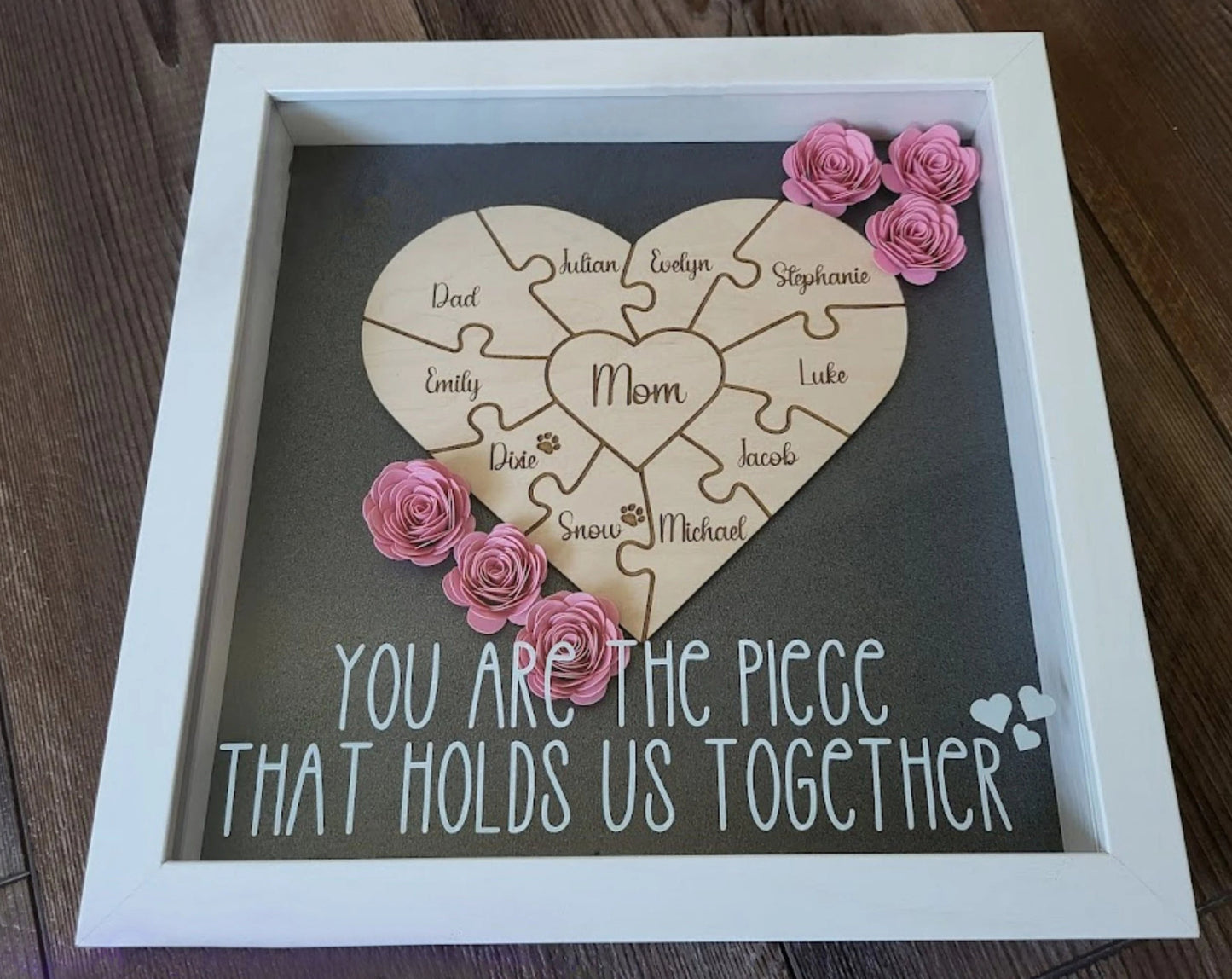 Mother's Day Gift, Personalized Mom Flower Shadow Box, Puzzle Piece Mom Sign, Gift Wrapped