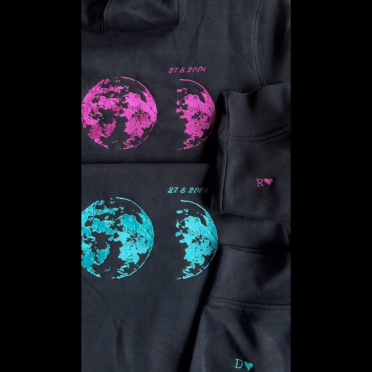 Custom Embroidered Couple Hoodie with Moon & Silhouette Design