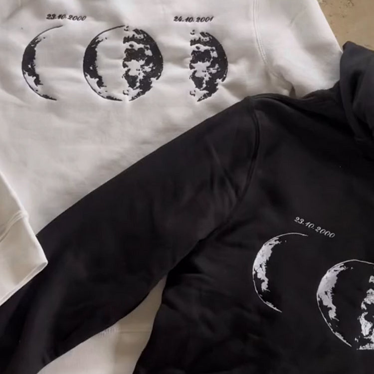 Custom Embroidered Couple Hoodie with Moon & Silhouette Design