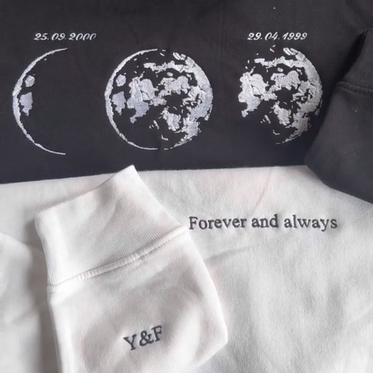 Custom Embroidered Couple Hoodie with Moon & Silhouette Design