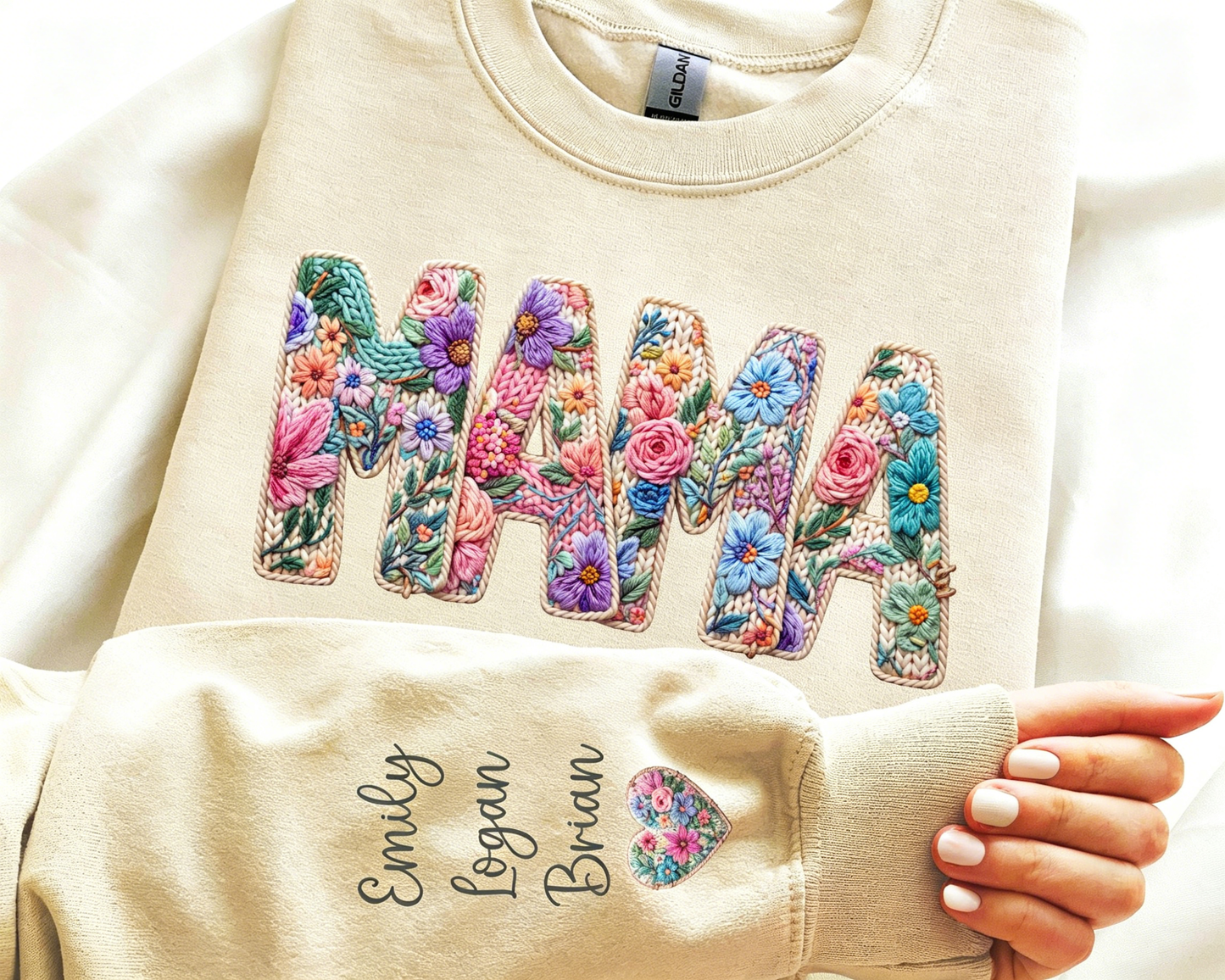 Personalized Mama Sweatshirt, Faux Embroidered Floral Hoodie with Custom Names