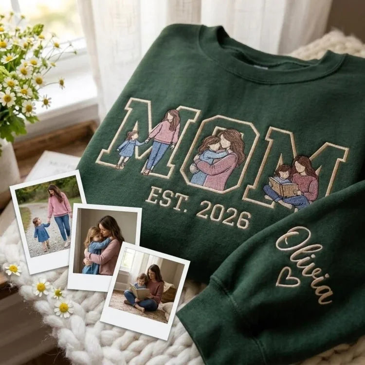 Custom Embroidered Mama Sweatshirt Personalized Photo Name & Date Handmade Sleeve Detail Mother's Day Gift