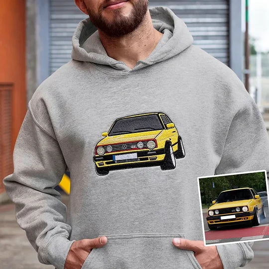 Custom Car Photo Embroidered Sweatshirt | Personalized Vehicle Portrait Crewneck for Car Lovers