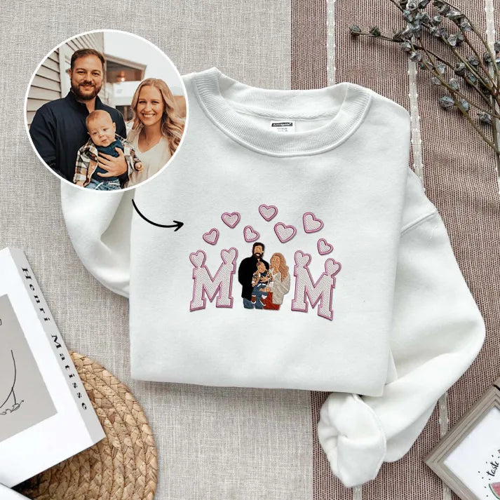 Besticktes Familienportrait-Shirt, personalisiertes besticktes Mama-Sweatshirt, Muttertagsgeschenk, individuelles Mama-Shirt, Geschenk für Ehefrau