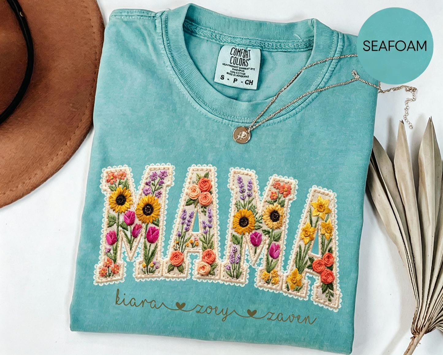 Personalized Floral Embroidered Mama Tee — A Heartfelt Mother's Day Gift with Your Kids' Names