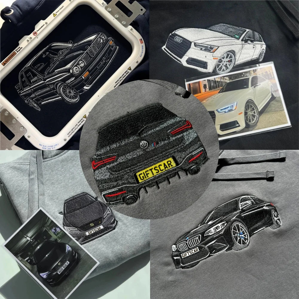 Custom Car Photo Embroidered Sweatshirt | Personalized Vehicle Portrait Crewneck for Car Lovers