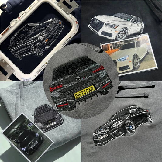 Custom Car Photo Embroidered Sweatshirt | Personalized Vehicle Portrait Crewneck for Car Lovers