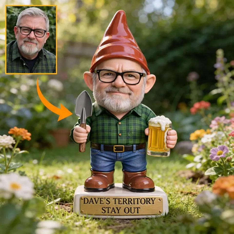 3D Effect Custom Garden Gnome Statue Personalized Photo Figurine with Custom Name