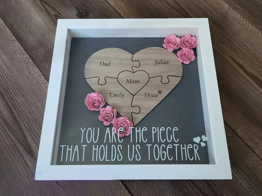 Mother's Day Gift, Personalized Mom Flower Shadow Box, Puzzle Piece Mom Sign, Gift Wrapped