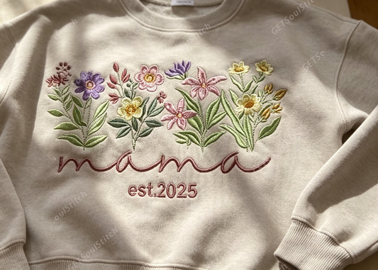 Customizable Mama Birth Flower Sweatshirt Personalized Nickname & EST Year Gift for Moms