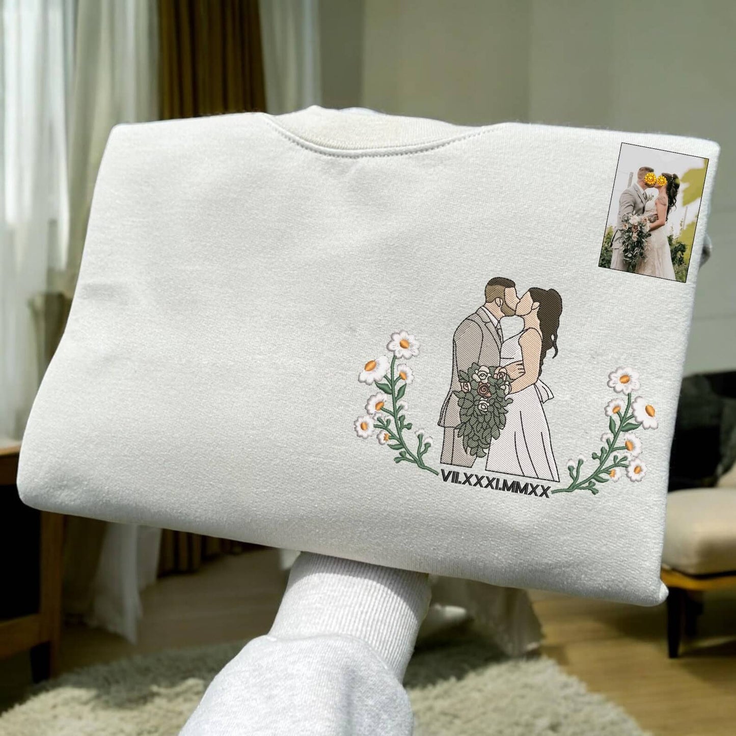 🌸Blühend mit Liebe – Individuell besticktes Geburtstagsblumen-Porträt vom Foto Sweatshirt Hoodie, Perfektes Geschenk für Mama, Papa, Paare & Familie