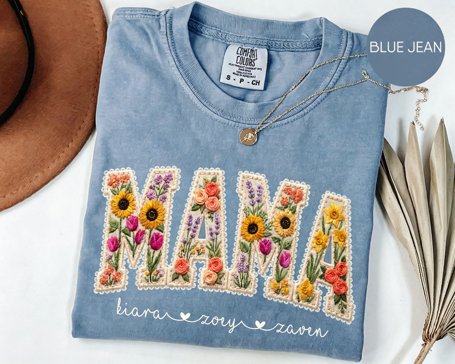 Personalized Floral Embroidered Mama Tee — A Heartfelt Mother's Day Gift with Your Kids' Names
