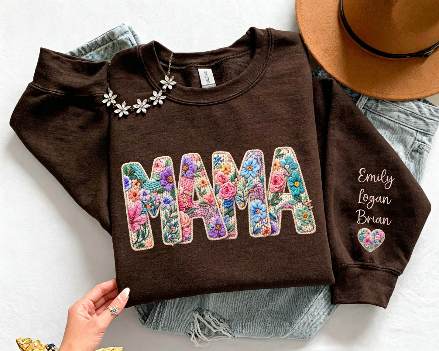 Personalized Mama Sweatshirt, Faux Embroidered Floral Hoodie with Custom Names