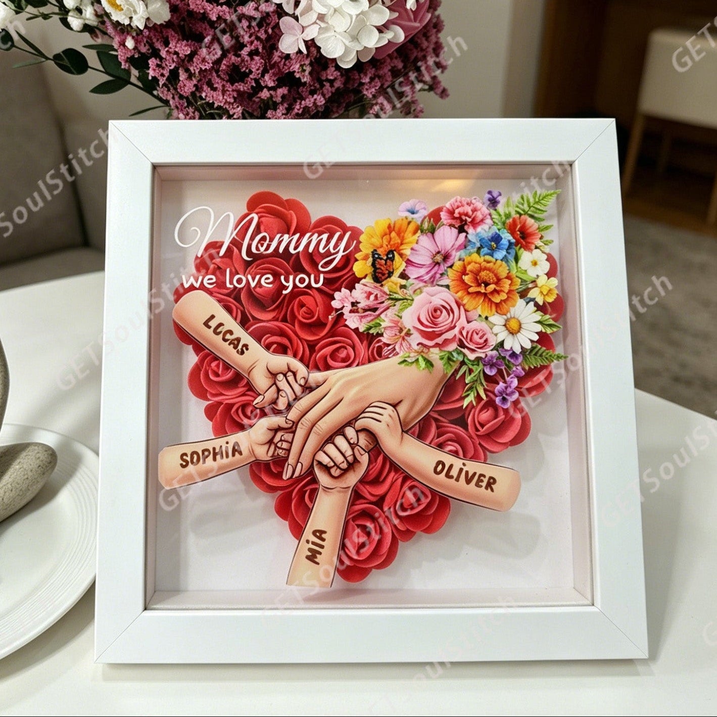 Customizable Family Hand in Hand Shadow Box with LED Light Personalized Names Quote & Birth Month Flowers Forever Keepsake