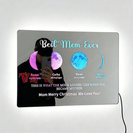 Custom Moon Phase Art LED Backlit Mirror Frame Personalized Date & Mom's Special Moment Cosmic Design Ultimate Mother's Day Gift