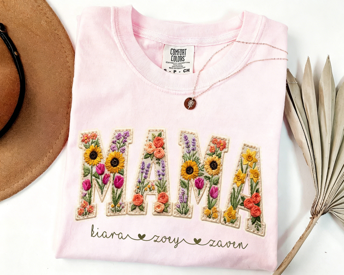 Personalized Floral Embroidered Mama Tee — A Heartfelt Mother's Day Gift with Your Kids' Names