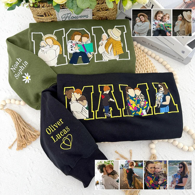 Custom Embroidered Mama Sweatshirt Personalized Photo Name & Date Handmade Sleeve Detail Mother's Day Gift