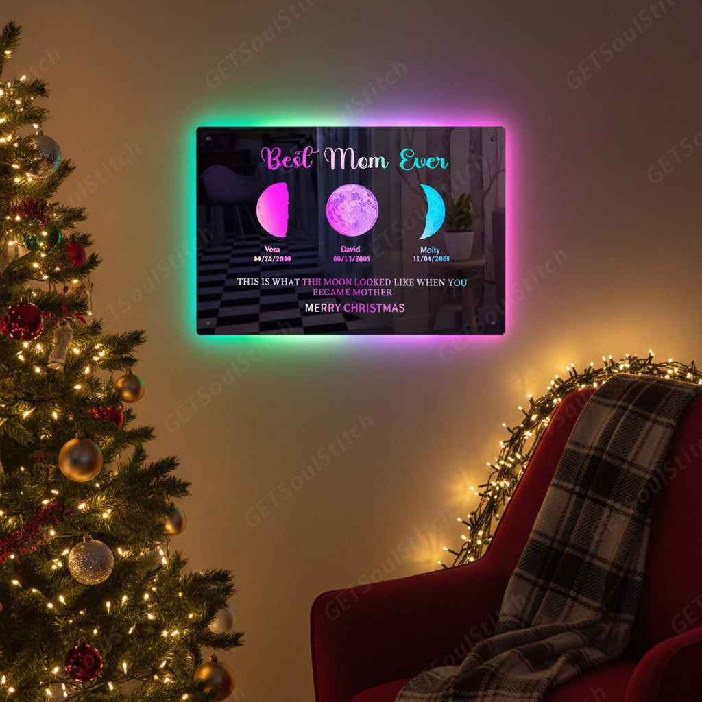Custom Moon Phase Art LED Backlit Mirror Frame Personalized Date & Mom's Special Moment Cosmic Design Ultimate Mother's Day Gift
