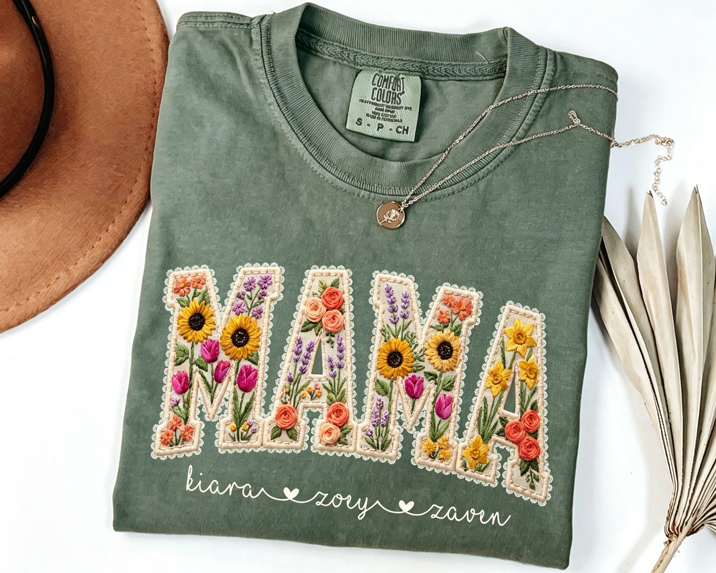 Personalized Floral Embroidered Mama Tee — A Heartfelt Mother's Day Gift with Your Kids' Names