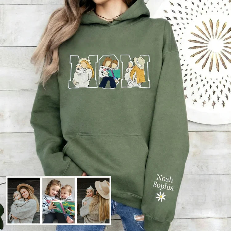 Custom Embroidered Mama Sweatshirt Personalized Photo Name & Date Handmade Sleeve Detail Mother's Day Gift