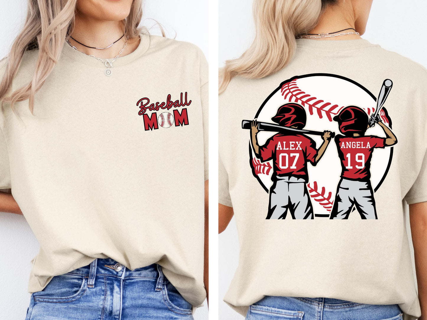 Personalized Baseball Mom Shirt Custom 2 Kids Names & Numbers Baseball Game Day Tee