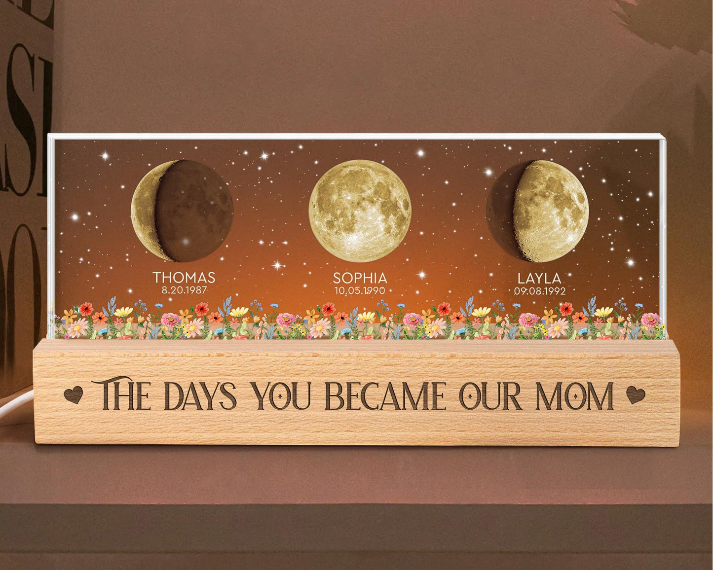 Custom Moon Phase Acrylic Night Light | Personalized Name, Date & Quote Mom Gift
