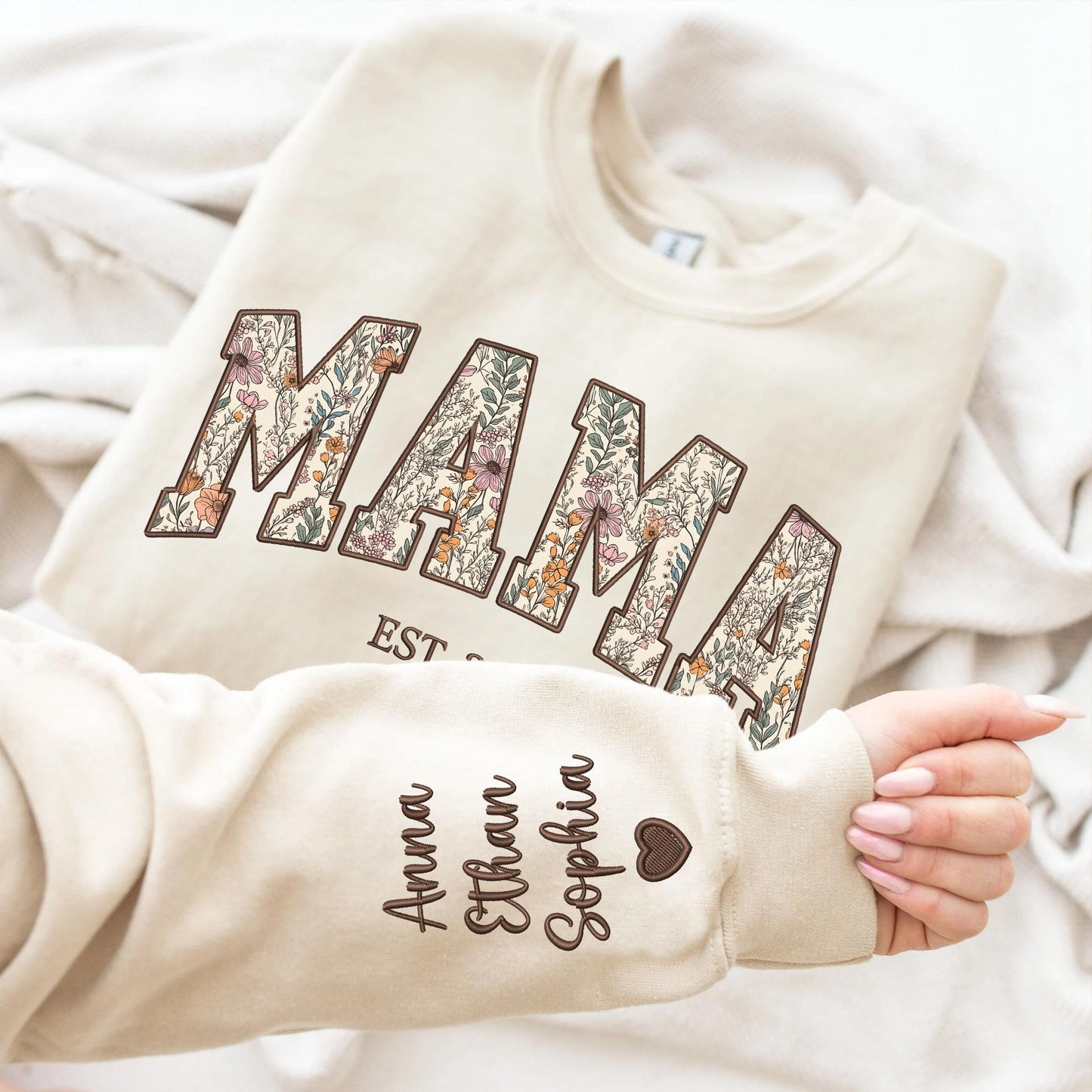 Custom Floral Mama Sweatshirt - Personalized Kid Names Sleeve & EST. Date