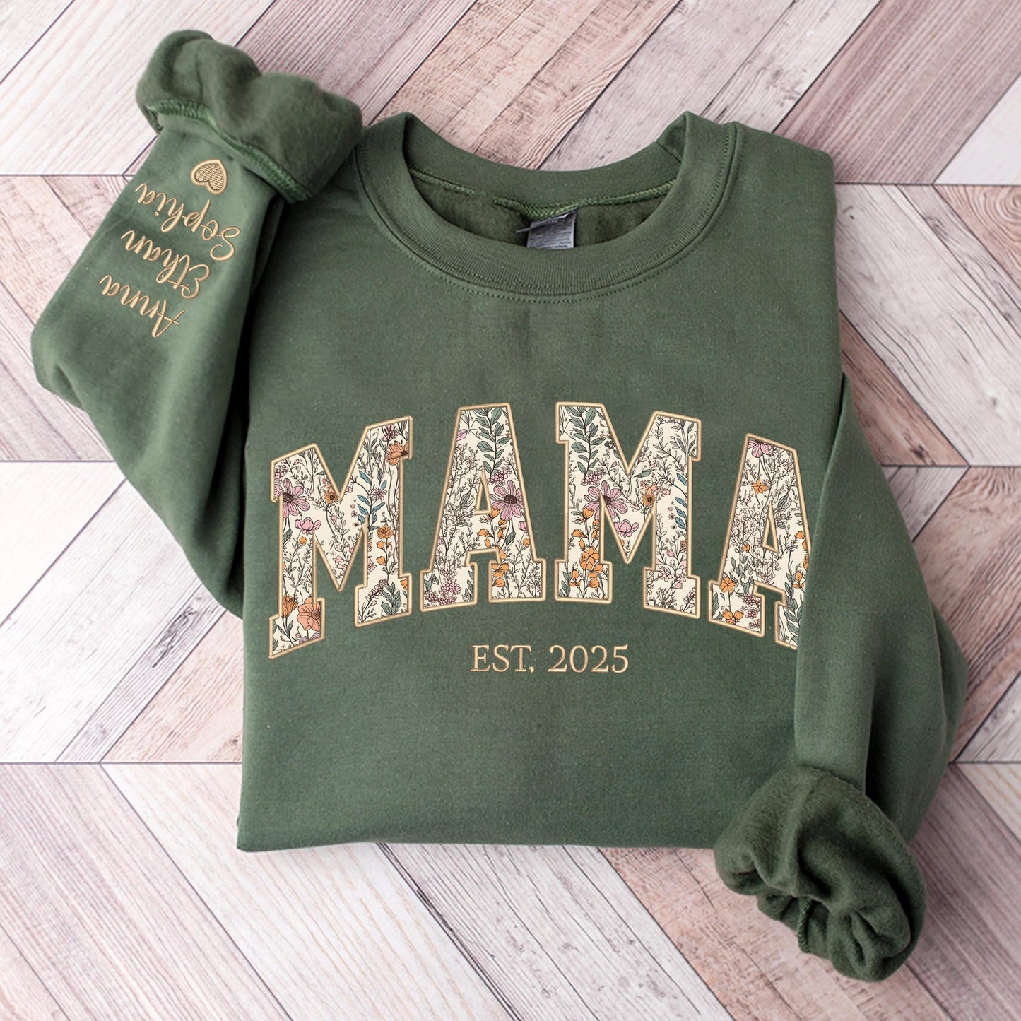 Custom Floral Mama Sweatshirt - Personalized Kid Names Sleeve & EST. Date