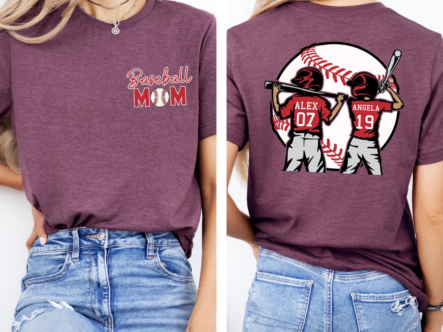 Personalized Baseball Mom Shirt Custom 2 Kids Names & Numbers Baseball Game Day Tee